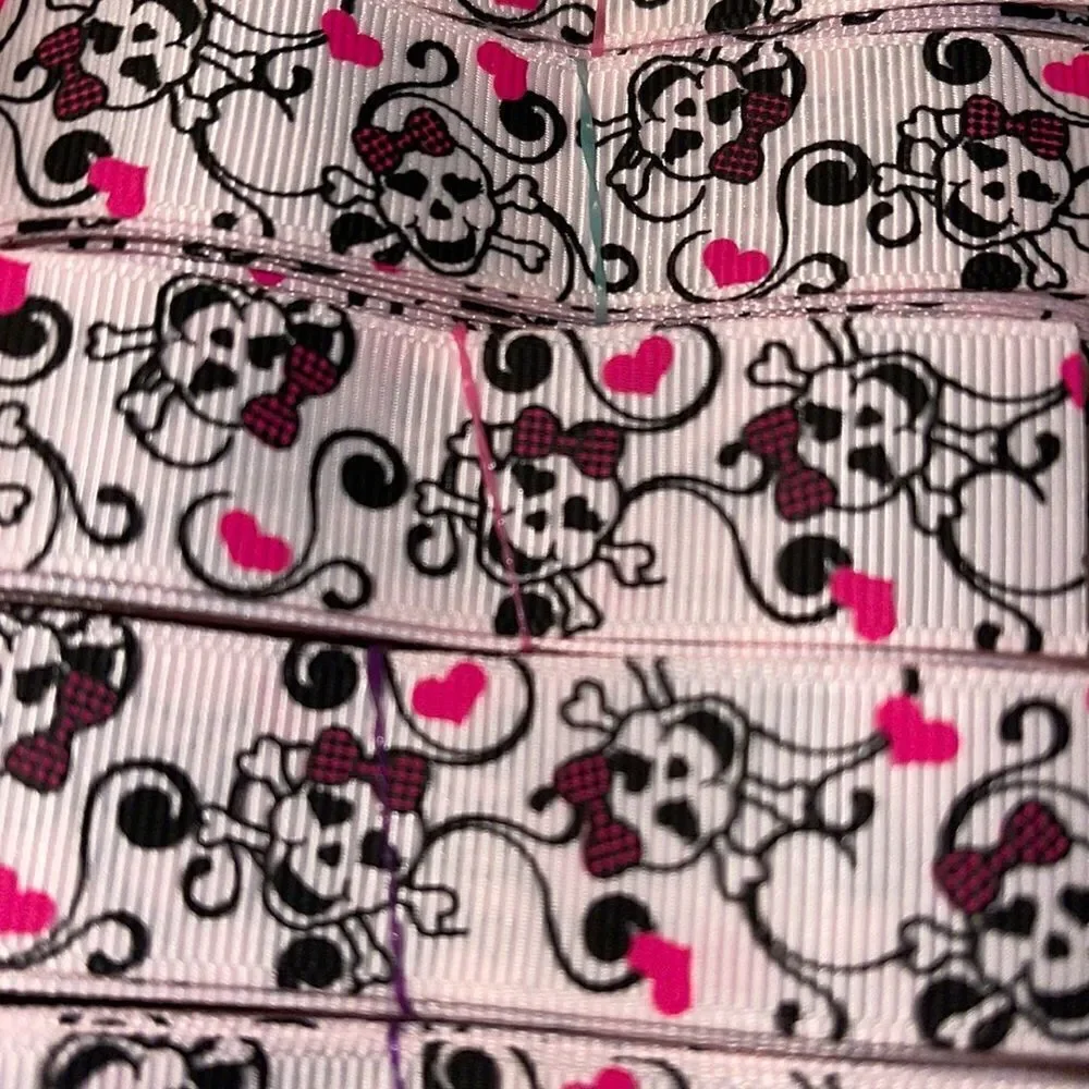 grosgrain Ribbon 7/8” NEW 5 yards beauty skulls checkers hot pink bow scrolls